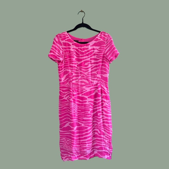HOLD Vintage Retro Escada Hot Pink Zebra Animal Print Silk Short Sheath Dress 38 - Picture 2 of 8